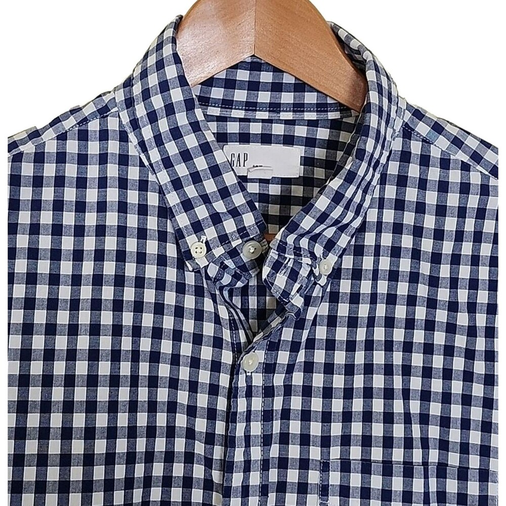Gap Men's Blue and White Check, Slim Fit, Button-Down, Collar Shirt, Size Large